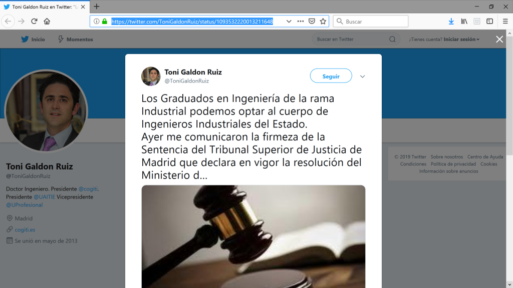 Pantallazo del Twitter del Sr. Galdón en referencia a la posible admisión de graduados en ingeniería para optar al cuerpo de ingenieros industriales del Estado
